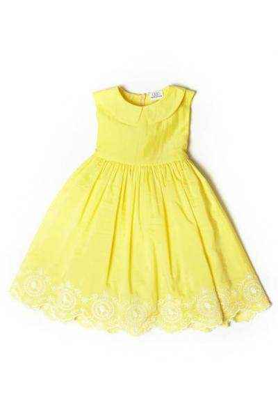 Yellow Embroidered Silk Cotton Peter Pan Collar Dress