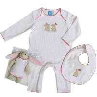 Pink Bunny Long Sleeve Baby Jumpsuit, Bib and Toy Gift Set