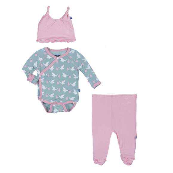 Stork Print Baby Girl 3 Piece Outfit Gift Set with Long Sleeve Bodysuit, Footed Pants and Hat (Organic Bamboo)