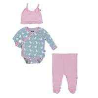 Stork Print Baby Girl 3 Piece Outfit Gift Set with Long Sleeve Bodysuit, Footed Pants and Hat (Organic Bamboo)