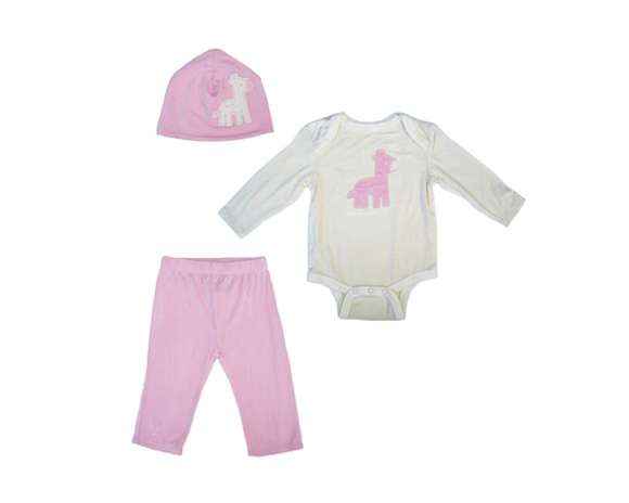 Pink Giraffe Modern Baby Girl Boutique Clothing Outfit Gift Set with Long Sleeve Bodysuit, Pants and Hat (Organic Bamboo)