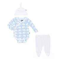 Blue Elephant Print Baby Boy 3 Piece Outfit Gift Set with Long Sleeve Bodysuit, Footed Pants and Hat (Organic Bamboo)