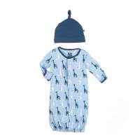Giraffe Print Blue Long Sleeve Baby Boy Convertible Gown Romper and Hat Outfit Set (Organic Bamboo)