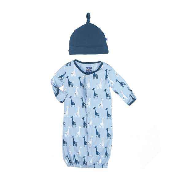 Giraffe Print Blue Long Sleeve Baby Boy Convertible Gown Romper and Hat Outfit Set (Organic Bamboo)