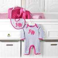 Hot Pink Elephant Long Sleeve Baby Girl Jumpsuit and Bib Gift Set