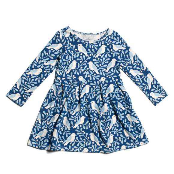 Blue Bird Print Long Sleeve Toddler Girls Boutique Dress (American Made and Organic Cotton)