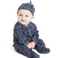 Robot Print Navy Blue Long Sleeve Footed Baby Romper and Hat Outfit Gift Set (Organic Cotton)