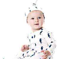 Seahorse Print Long Sleeve Footed Baby Romper and Hat Outfit Gift Set (Organic Cotton)