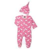 Pink Fox Print Long Sleeve Footed Baby Girl Romper and Hat Outfit Gift Set (Organic Cotton)