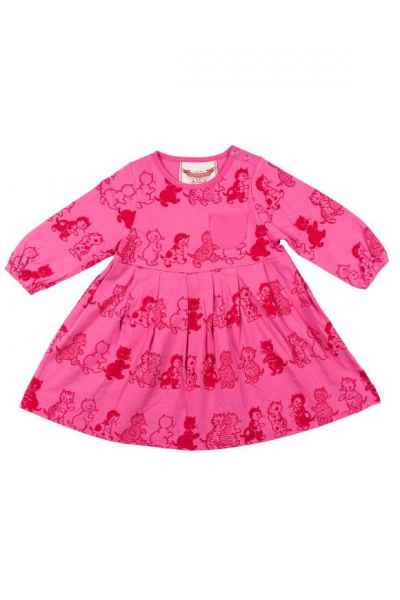 Vintage Kitten Print Pink Long Sleeve Baby and Toddler Girls Boutique Dress (Organic Cotton)