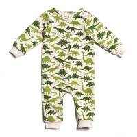 Green Dinosaur Print Long Sleeve Baby Boy Snap Jumpsuit Romper and Pajamas (American Made and Organic Cotton)