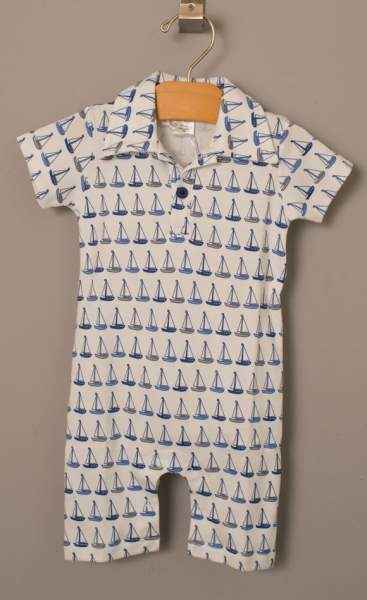 Sailboat Print Short Sleeve Polo Baby Boy Romper (Organic Pima Cotton)