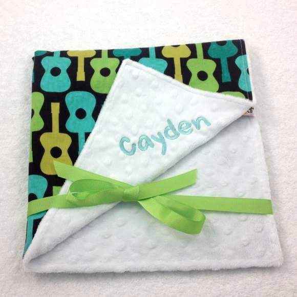 Guitar Print Minky Travel Baby Blanket and Oversized Security Blanket Available Personalized (American Made)