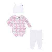 Pink Elephant Print Baby Girl 3 Piece Outfit Gift Set with Long Sleeve Bodysuit, Footed Pants and Hat (Organic Bamboo)