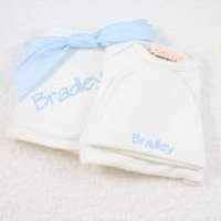 Personalized Blue Newborn Baby Boy Take Home Outfit Set Gift Set with Gown, Hat and Swaddling Blanket